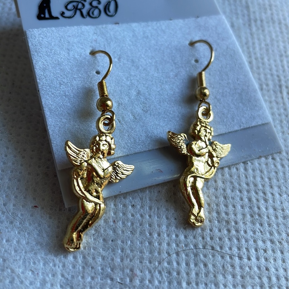 Vintage  1980s Angels earrings goldstone unused